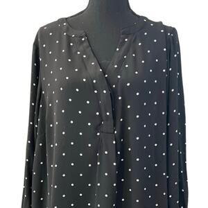 Black & White Polka Dot Blouse Womens Plus Size 1X Split Neck Long Sleeve Career